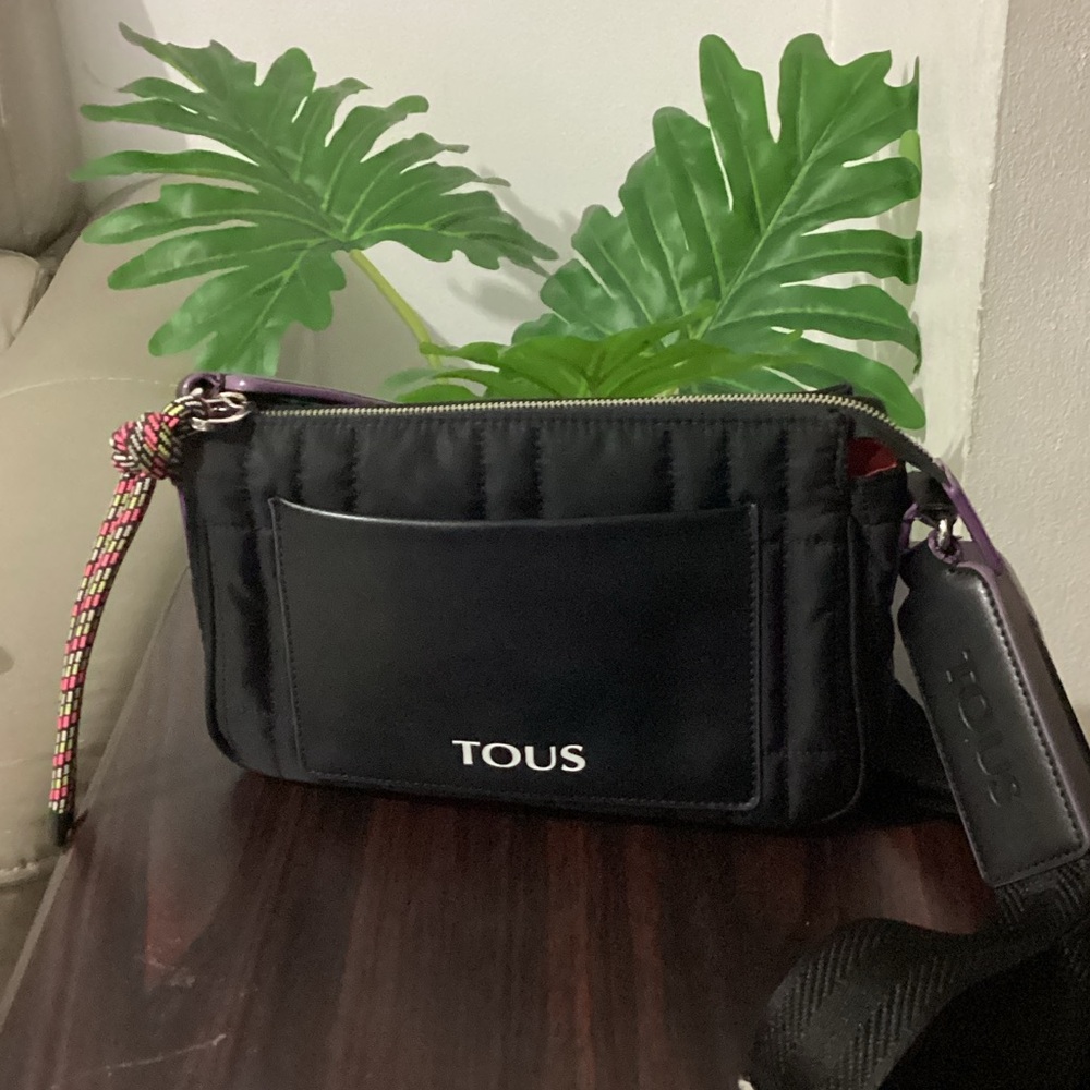 TOUS Black Quilted Crossbody Bag with Purple Trim